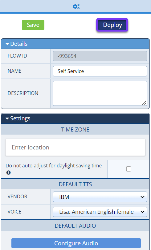 The overall flow level Configurations Panel is shown with the Deploy button highlighted at the top right side